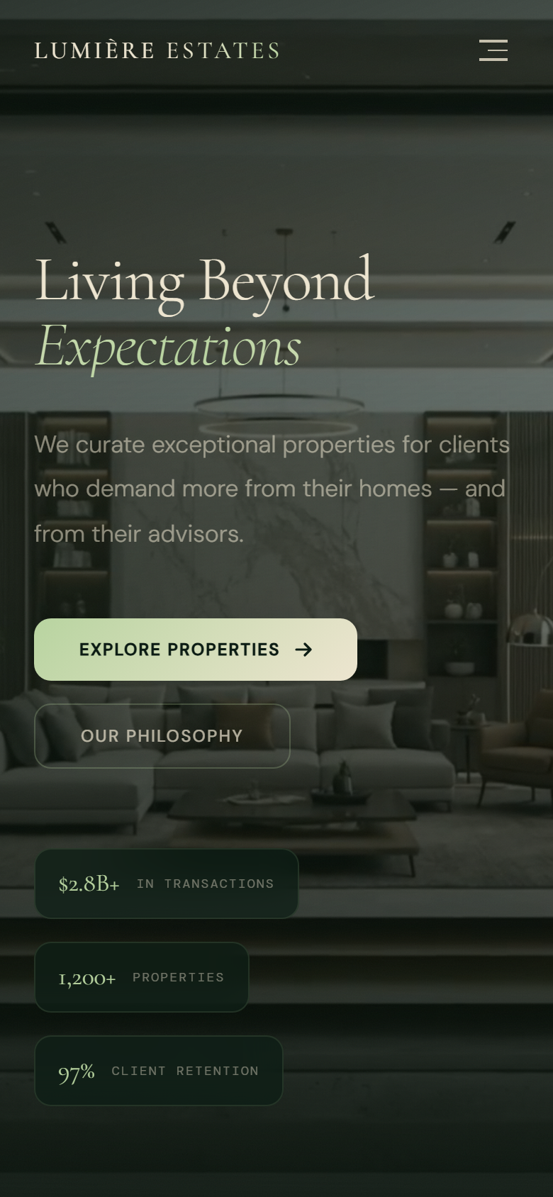 Lumière Estates web sitesi, mobil görünüm